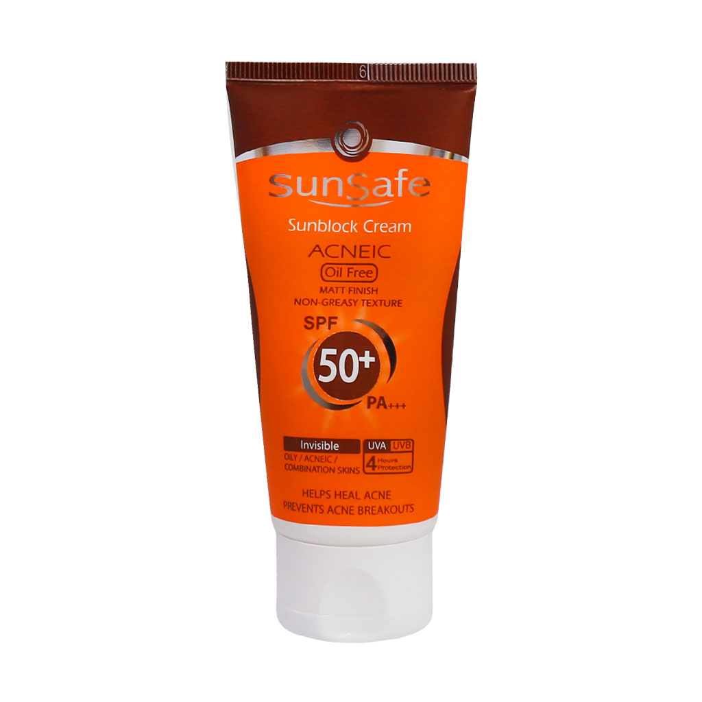 كرم ضد آفتاب +SPF 50 فاقد چربی بی رنگ سان سیف SUNSAFE SUNSBLOCK CREAM SPF50+ ACNEIC OIL FREE